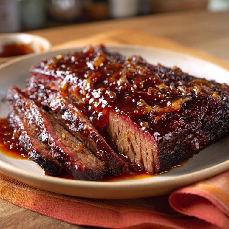 Zarter Brisket mit Zwiebel-Karamell-Sauce zeigt einen saftigen Querschnitt, der die zarte Fleischstruktur und die köstliche Karamellsauce offenbart.