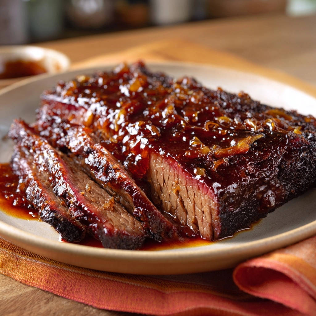 Zarter Brisket mit Zwiebel-Karamell-Sauce zeigt einen saftigen Querschnitt, der die zarte Fleischstruktur und die köstliche Karamellsauce offenbart.