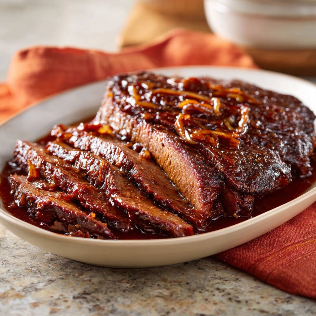 Zarter Brisket Mit Zwiebel Karamell Sauce Serviert 1 Zarter Brisket mit Zwiebel-Karamell-Sauce serviert in einer ovalen Schüssel, mit reichlich Sauce und köstlichem Aussehen.
