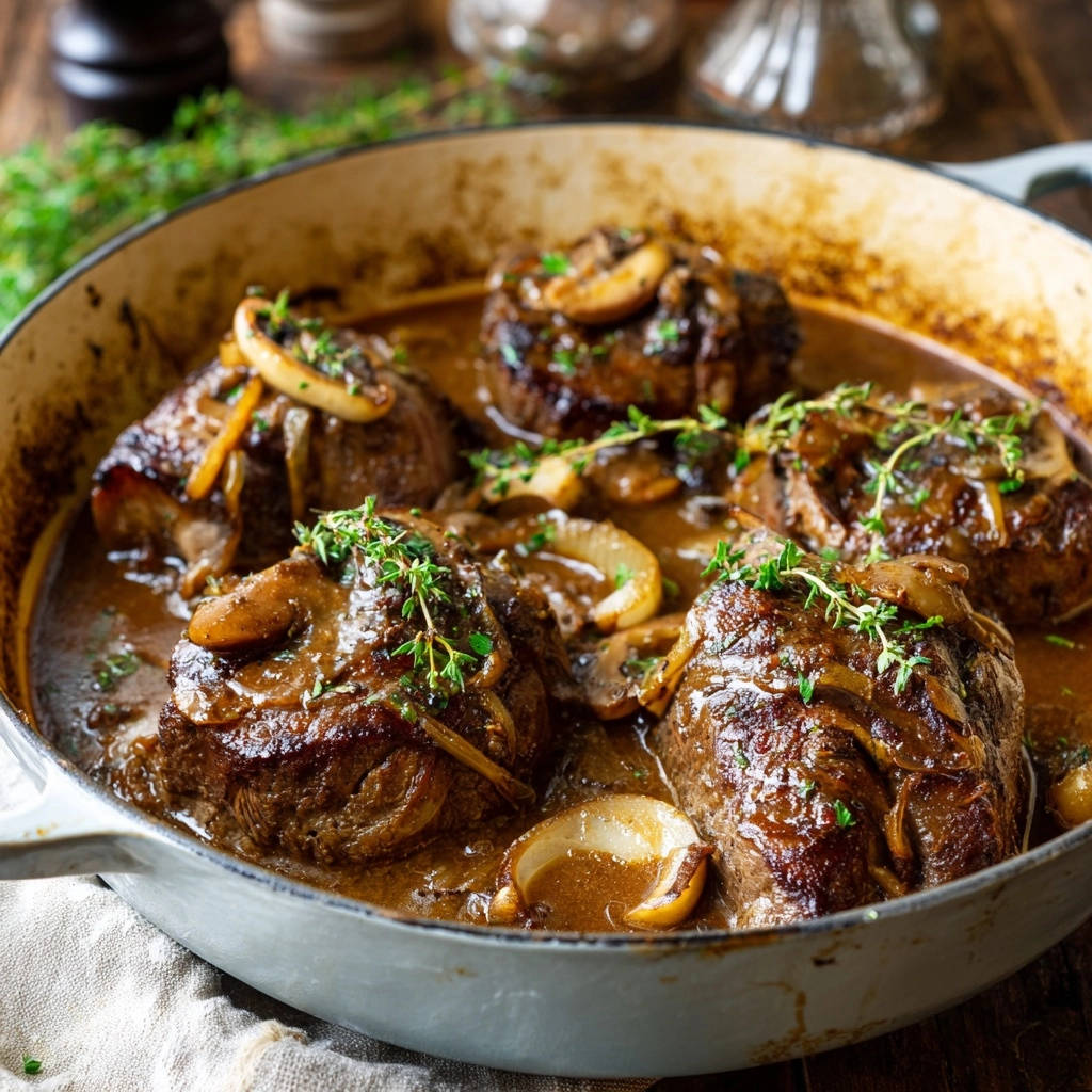 Zartes Schmorrind mit Pilzen und Zwiebeln in einer Pfanne, garniert mit frischem Thymian und serviert mit köstlicher Soße.