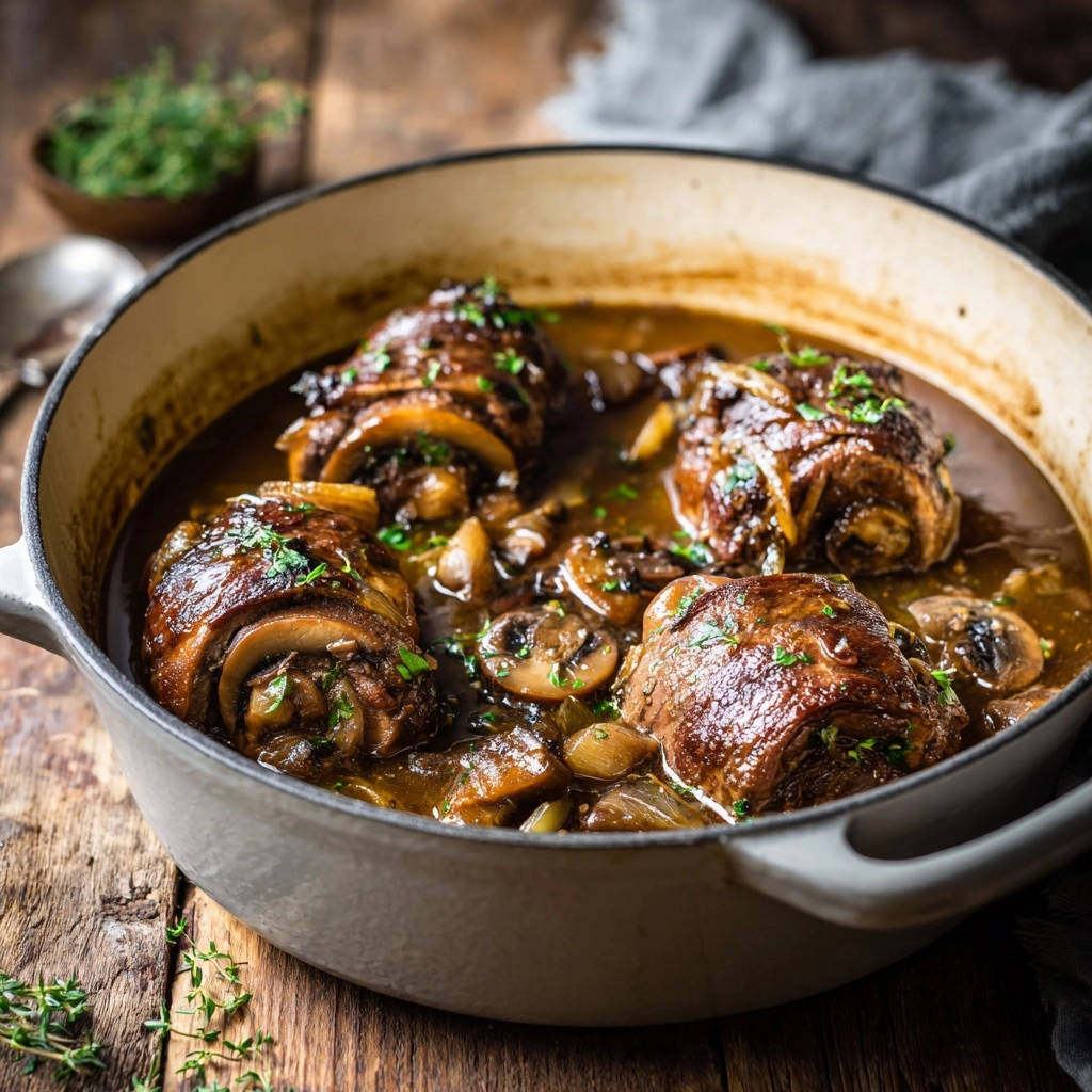 Zartes Schmorrind mit Pilzen und Zwiebeln in der Nahaufnahme: Die köstlichen Rouladen schmoren in einer reichhaltigen Soße.
