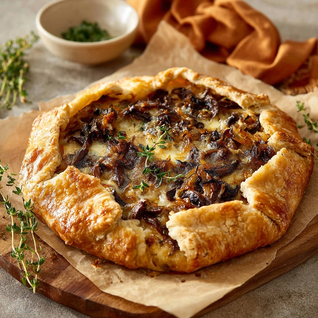 Zwiebel Pilz Galette Draufsicht Fertig 1 Zwiebel-Pilz-Galette in einer Draufsicht, frisch gebacken und mit knusprigem Teig, serviert auf einem Holzbrett.