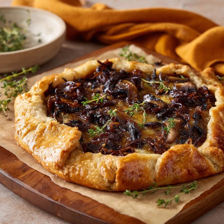 Zwiebel-Pilz-Galette von oben, garniert mit frischem Thymian auf einem rustikalen Holzbrett serviert. Der knusprige Teig umschließt die aromatische Füllung.