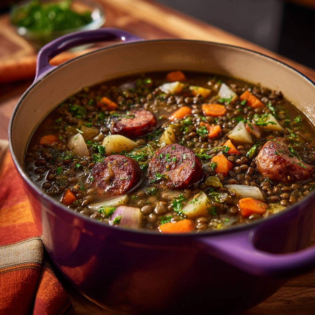 Herzhafter Linseneintopf mit Räucherwurst
