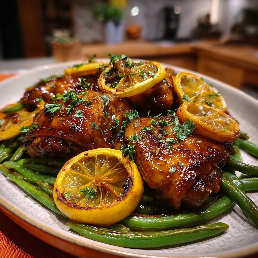 Zitronen-Kräuter-Hähnchenschenkel mit knackigen Bohnen