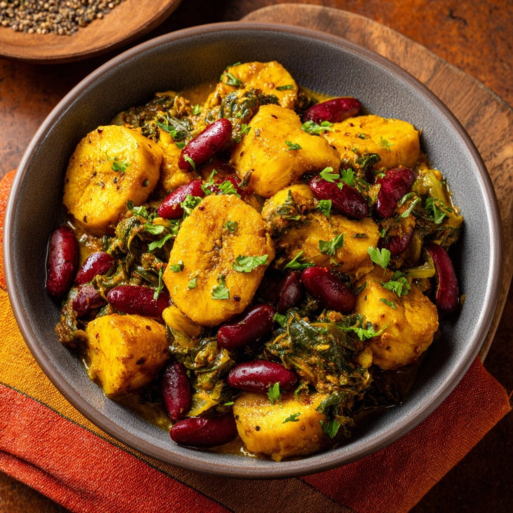 Farbenfroher Kochbananen-Bohnen-Eintopf