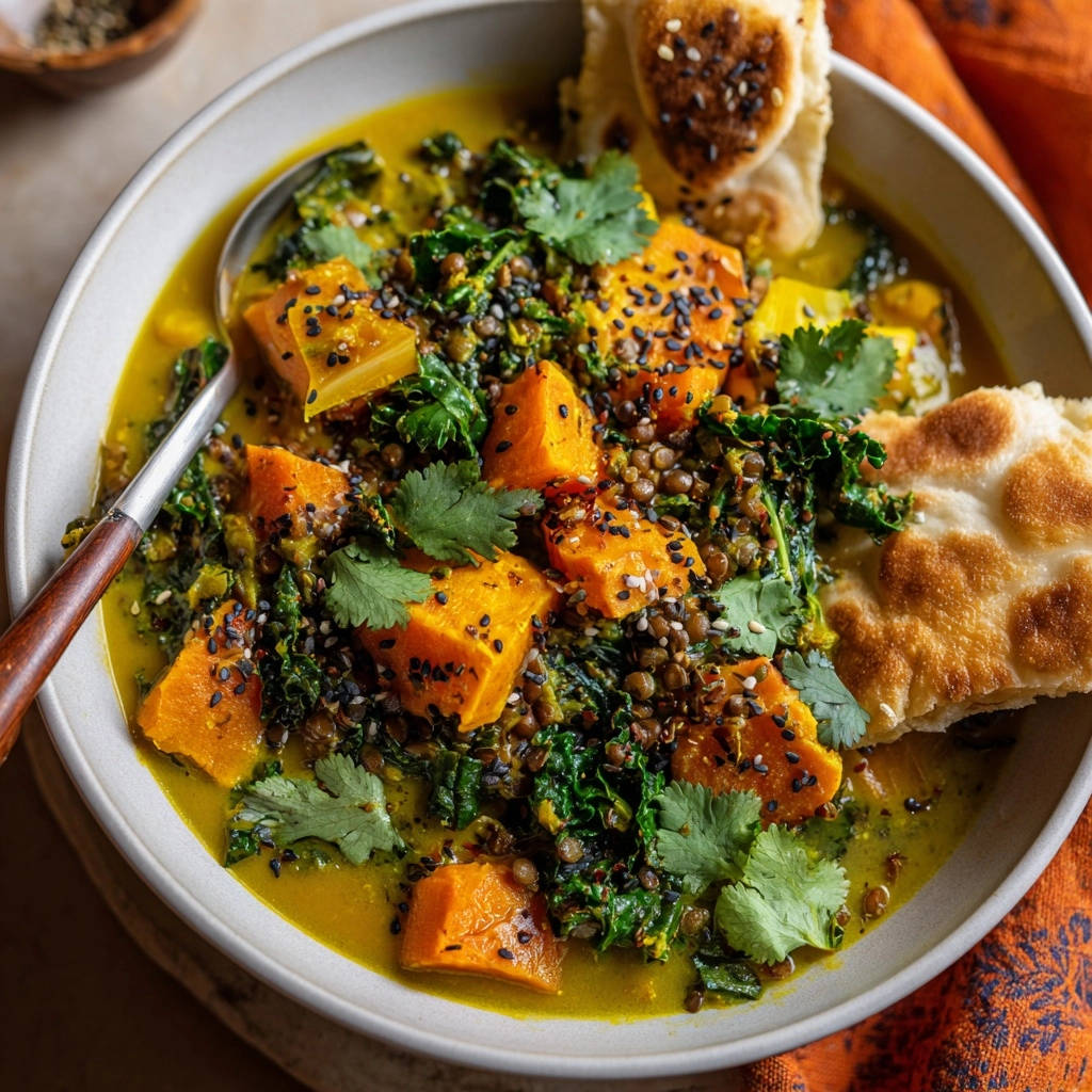 Cremige Linsen-Süßkartoffel-Pfanne mit Grünkohl