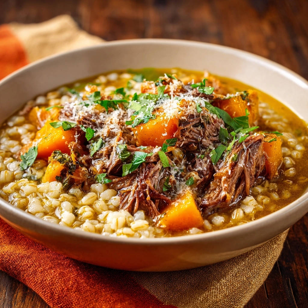 Herzhafter Rinderschmortopf mit Gerste und Kürbis
