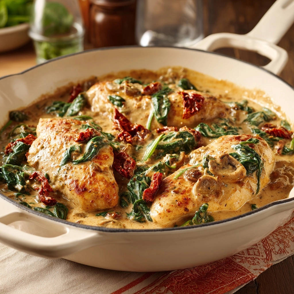 Cremiges Hähnchen mit Spinat und sonnengetrockneten Tomaten