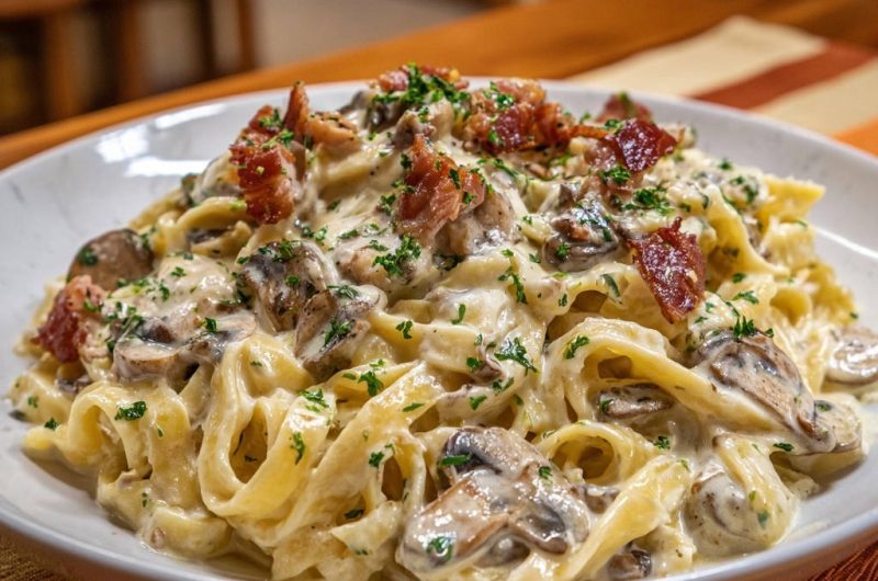 Cremige Bandnudeln mit Pilzen und krossem Bacon