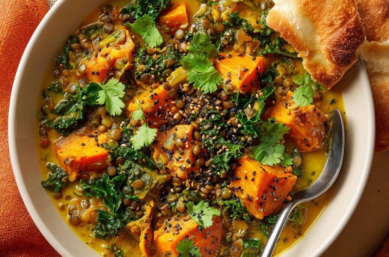 Cremige Linsen-Süßkartoffel-Pfanne mit Grünkohl