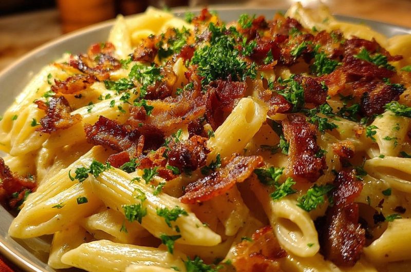 Cremige Penne mit Knusper-Bacon