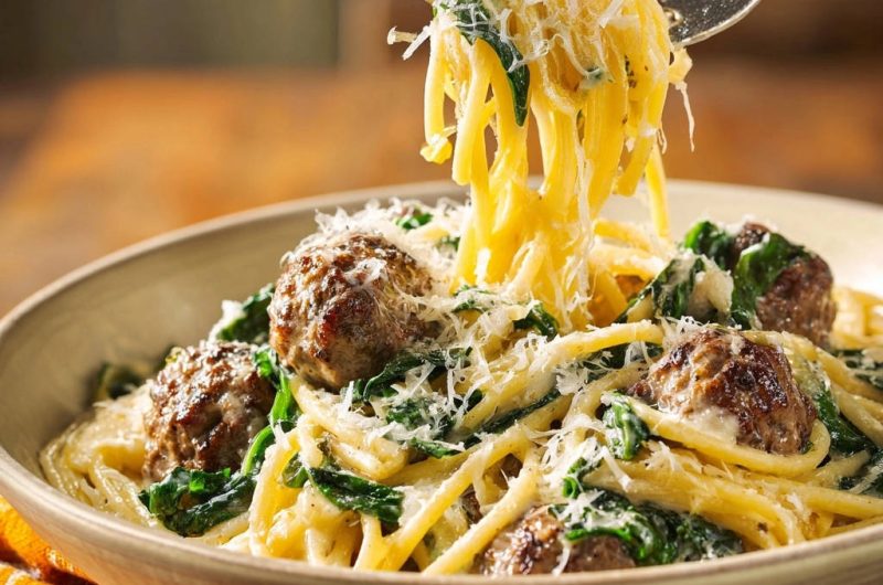 Cremige Spaghetti mit herzhaften Fleischbällchen und frischem Spinat