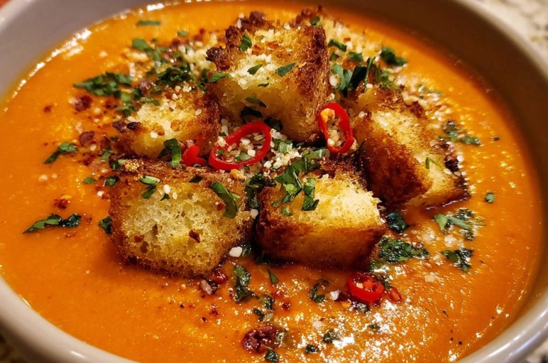 Cremige Tomatensuppe mit Knuspercroutons