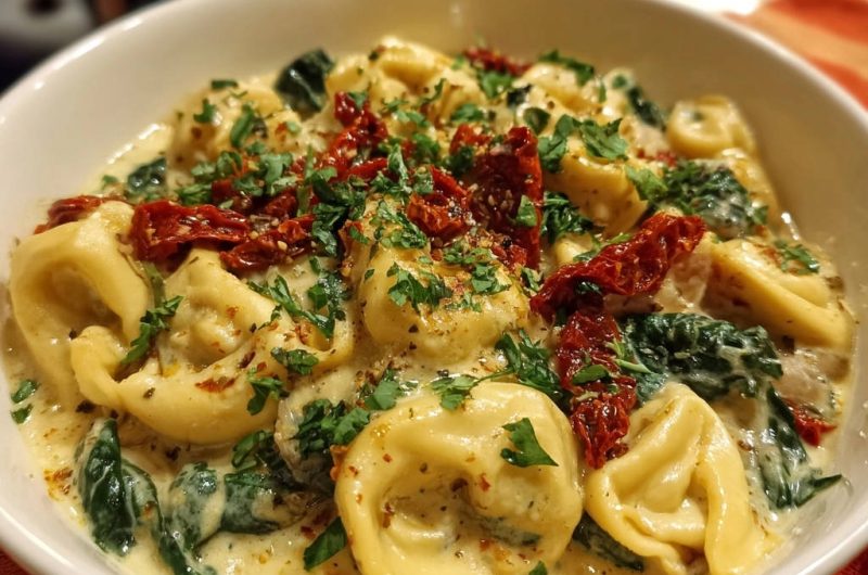 Cremige Tortellini mit Spinat und getrockneten Tomaten