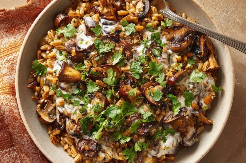 Cremiges Farro mit Pilz-Ragout und frischen Kräutern