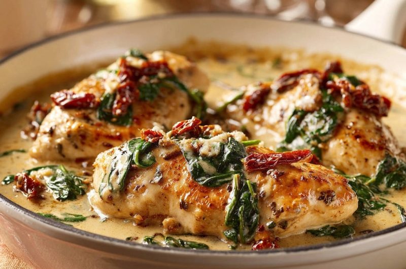 Cremiges Hähnchen mit Spinat und sonnengetrockneten Tomaten