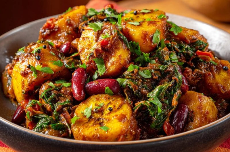 Farbenfroher Kochbananen-Bohnen-Eintopf