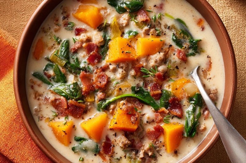 Herbstliche Cremesuppe mit Kürbis und Speck