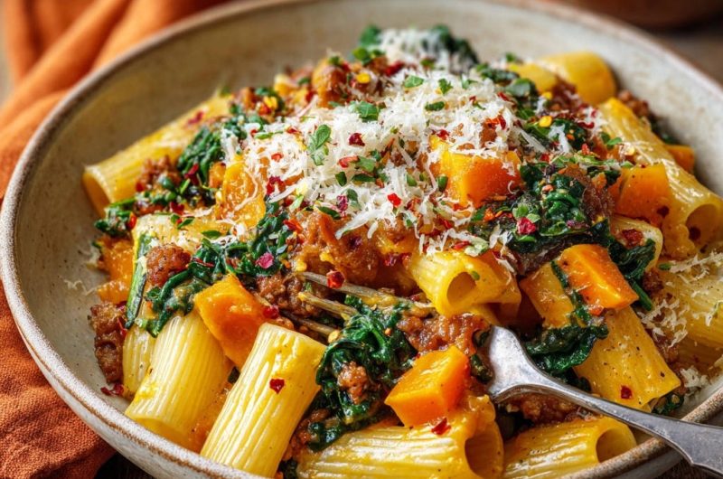 Herzhafte Rigatoni mit Hack & Kürbis