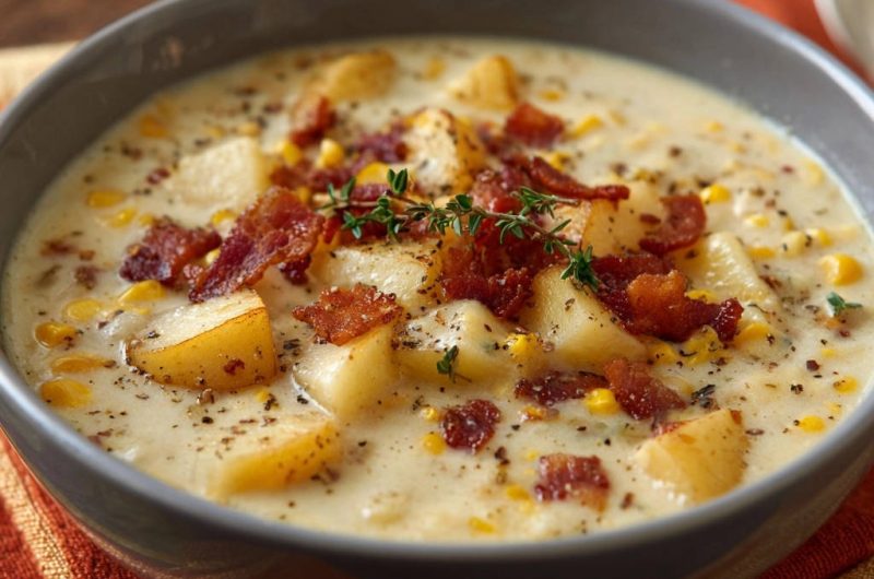 Herzhafter Mais-Kartoffel-Chowder mit knusprigem Bacon