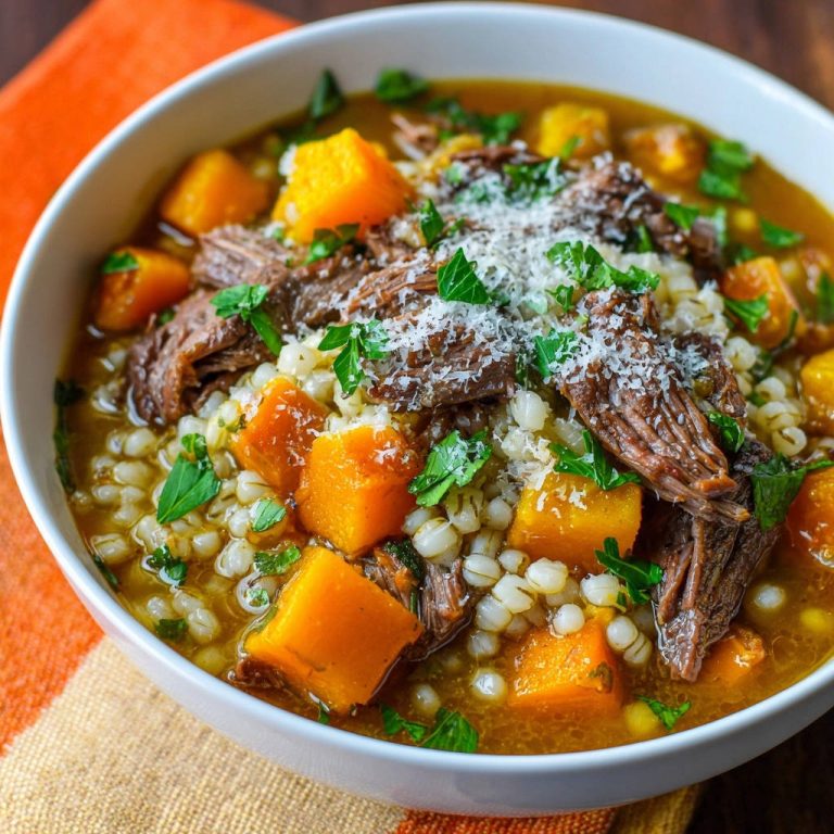 Herzhafter Rinderschmortopf mit Gerste und Kürbis: Garantiert saftig!