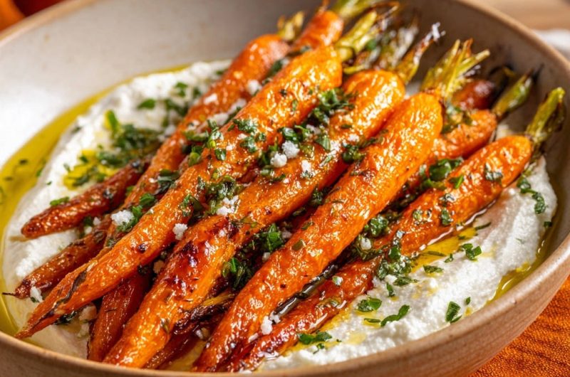 Karamellisierte Ofenmöhren auf cremiger Ricotta