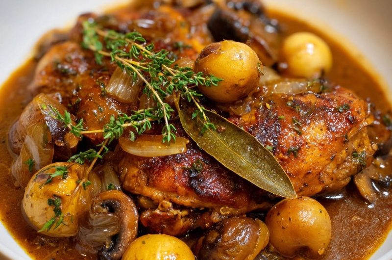 Rustikales Schmorhähnchen mit Kartoffeln und Pilzen