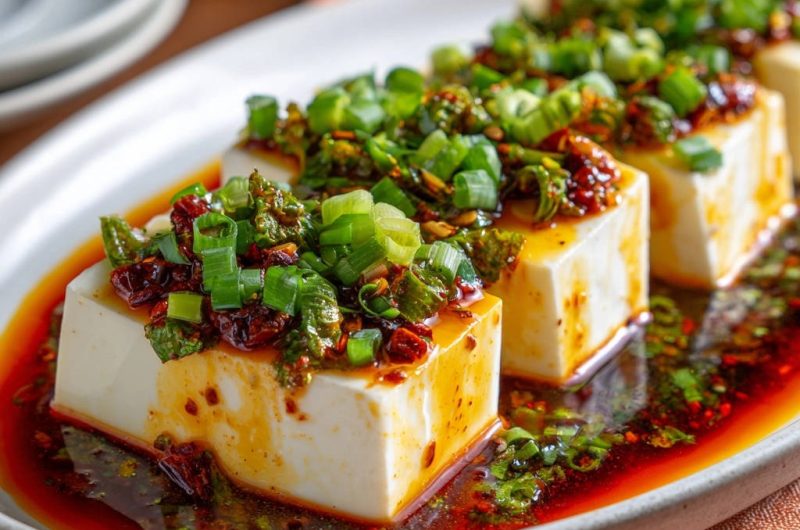 Seidentofu mit würzigem Chili-Kräuter-Öl