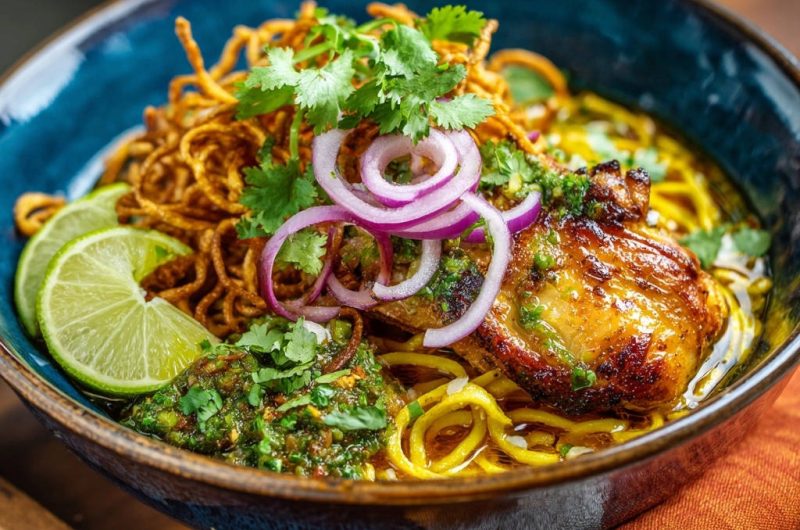 Thai-Curry mit knusprigem Hähnchen und zwei Nudelsorten