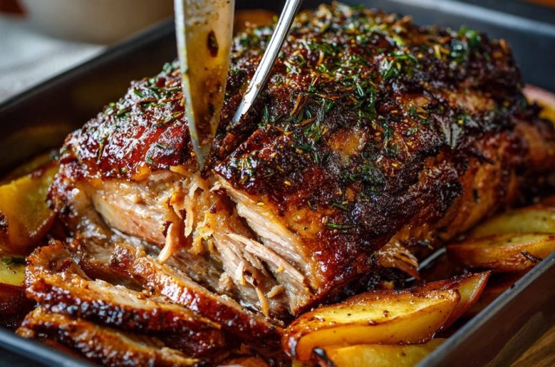 Zarter Ofenbraten mit duftender Kräuter-Kruste und Ofenkartoffeln
