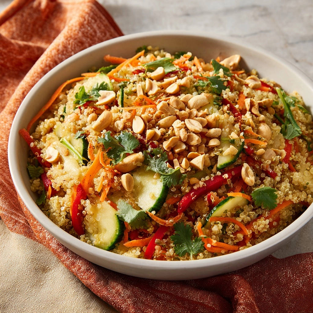 Asiatischer Quinoa-Salat mit knackigem Gemüse, serviert in einer Schüssel. Die Draufsicht zeigt die frischen Zutaten und Erdnüsse.