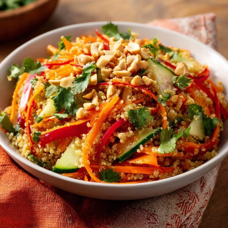 Asiatischer Quinoa-Salat mit knackigem Gemüse, serviert in einer Schüssel, garniert mit Erdnüssen und frischem Koriander.