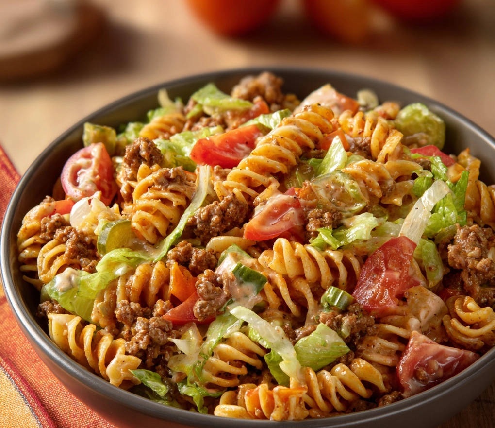 Cheeseburger-Nudelpfanne in einer Schüssel aus der Vogelperspektive, mit gebratenem Hackfleisch, Tomaten, Salat und cremiger Sauce.
