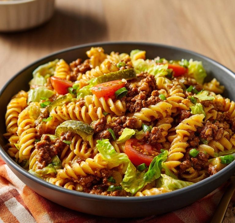 Cheeseburger-Nudelpfanne in Nahaufnahme, garniert mit frischem Salat, Tomaten und Gewürzgurken, serviert in einer dunklen Schüssel auf einem Holztisch.