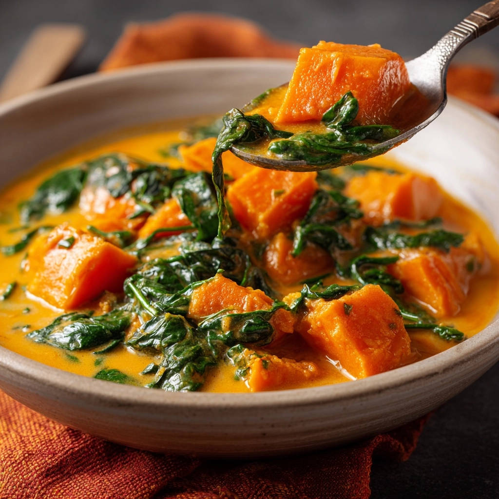 Cremig Suesskartoffel Spinat Curry Lffel Nahaufnahme 1 Cremiges Süßkartoffel-Spinat-Curry in Nahaufnahme: Ein Löffel hebt das cremige Curry mit Süßkartoffelstücken und Spinat hervor.