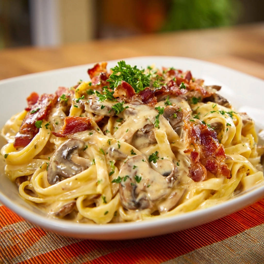 Cremige Bandnudeln Mit Pilzen Und Krosem Bacon Serviert 1 Cremige Bandnudeln mit Pilzen und krossem Bacon, serviert in einer weißen Schüssel, garniert mit frischer Petersilie und knusprigem Speck.