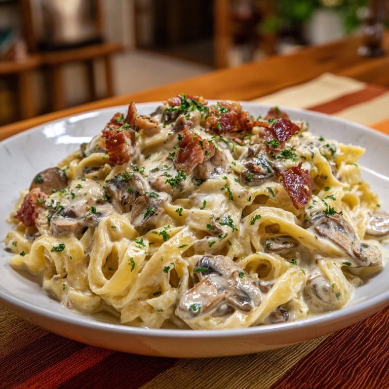 Cremige Bandnudeln mit Pilzen und krossem Bacon, aus der Draufsicht, serviert in einer weißen Schüssel, garniert mit frischer Petersilie und knusprigem Speck.
