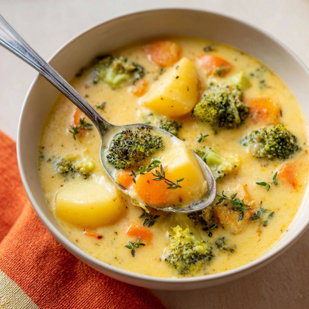 Cremige Brokkoli-Kartoffel-Suppe: Nahaufnahme eines Löffels, der die cremige Textur mit Brokkoli, Kartoffeln und Karotten zeigt.