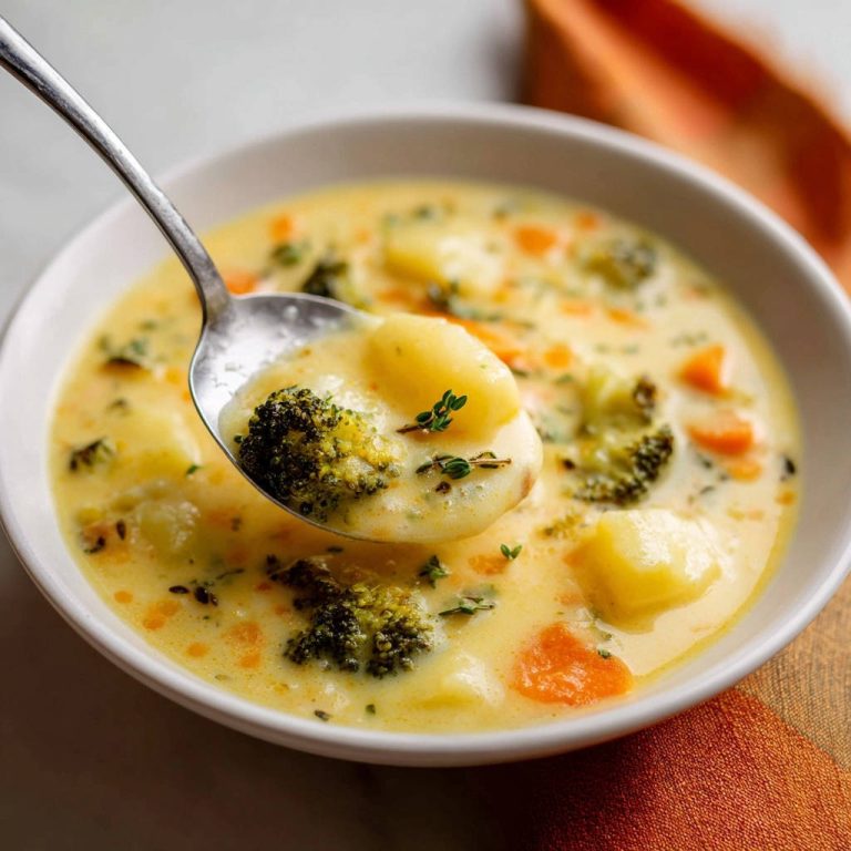 Cremige Brokkoli-Kartoffel-Suppe in Nahaufnahme: Ein Löffel voll cremiger Suppe mit Brokkoli, Kartoffeln und Karotten, serviert in einer weißen Schüssel.