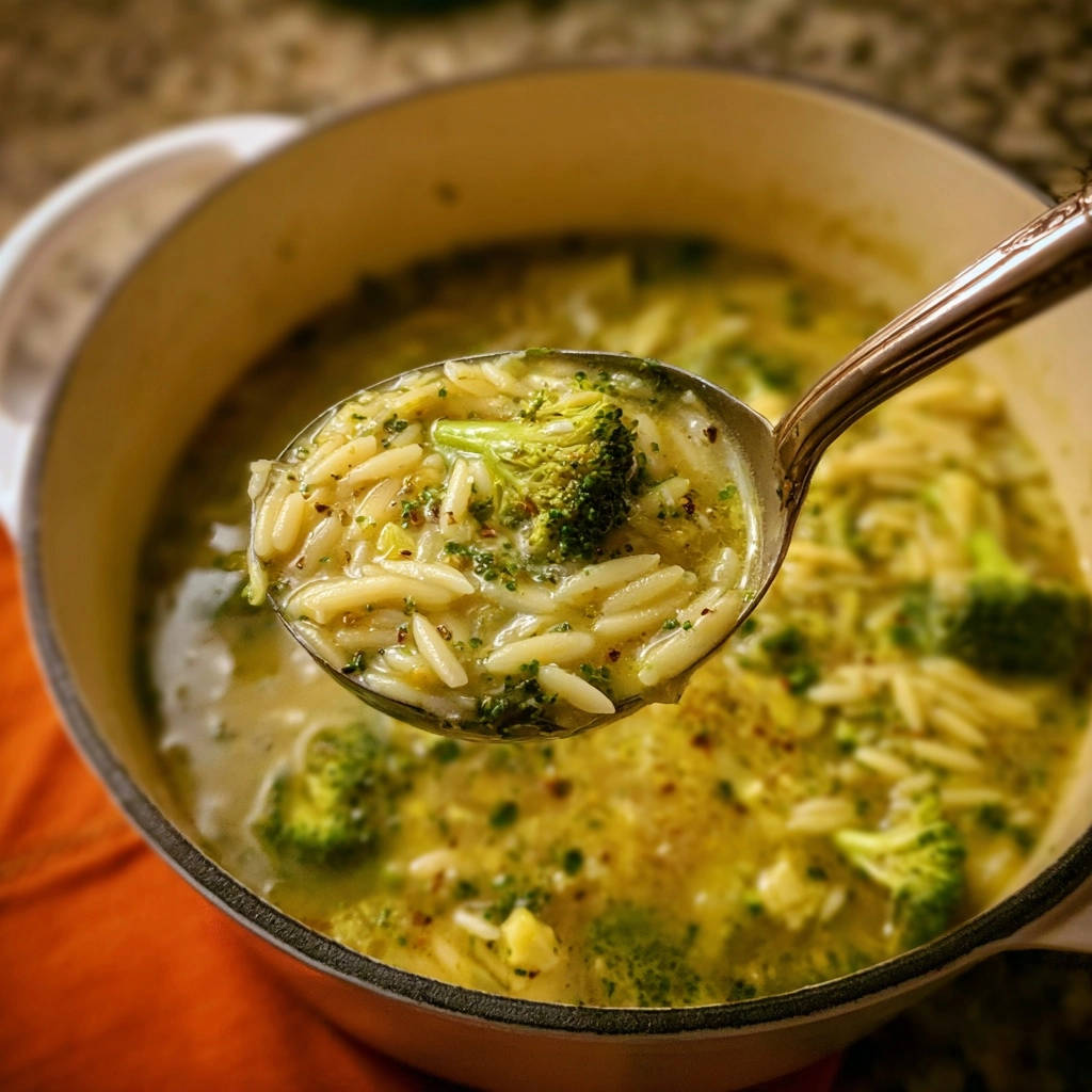 Cremige Brokkoli-Orzo-Suppe in Nahaufnahme auf einem Löffel, mit Brokkoli-Röschen und leckeren Orzo-Nudeln. Diese cremige Suppe ist ein wahrer Genuss.
