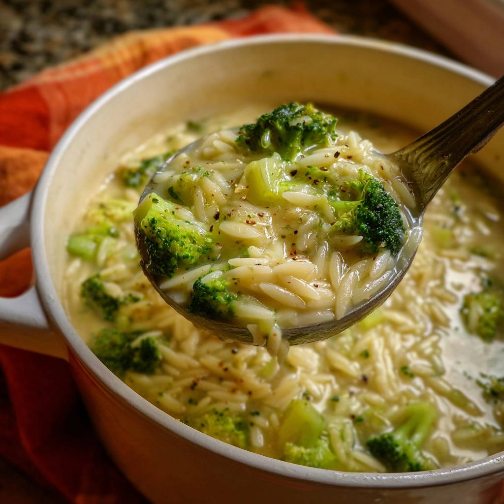 Cremige Brokkoli Orzo Suppe Nahaufnahme Lffel 1 Cremige Brokkoli-Orzo-Suppe in Nahaufnahme auf einem Löffel serviert, mit frischem Brokkoli und Orzo-Nudeln.