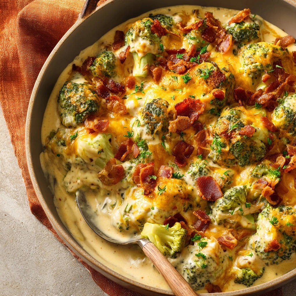 Cremige Brokkoli-Pfanne mit knusprigem Bacon, in einer Auflaufform von oben gesehen, mit geschmolzenem Käse und Speck.