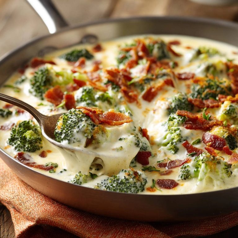 Cremige Brokkoli-Pfanne mit knusprigem Bacon: Nahaufnahme, die einen Löffel zeigt, der mit cremigem Käse überzogenem Brokkoli gefüllt ist.