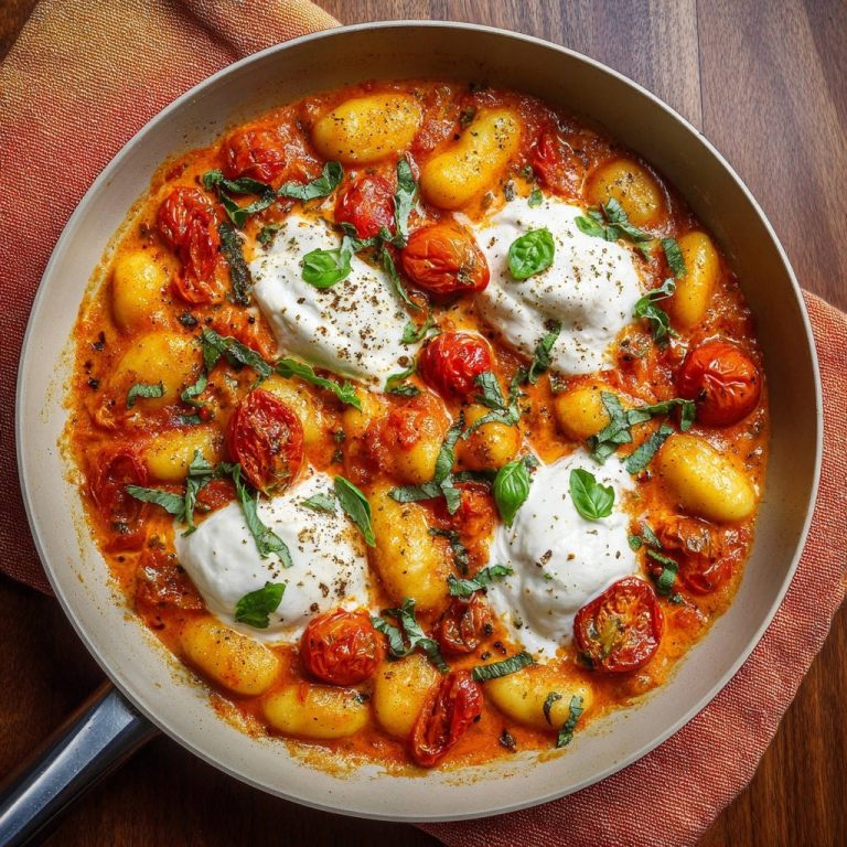 Cremige Gnocchi mit Kirschtomaten & Burrata in einer Pfanne, serviert als köstliches Gericht mit frischem Basilikum und cremiger Burrata.