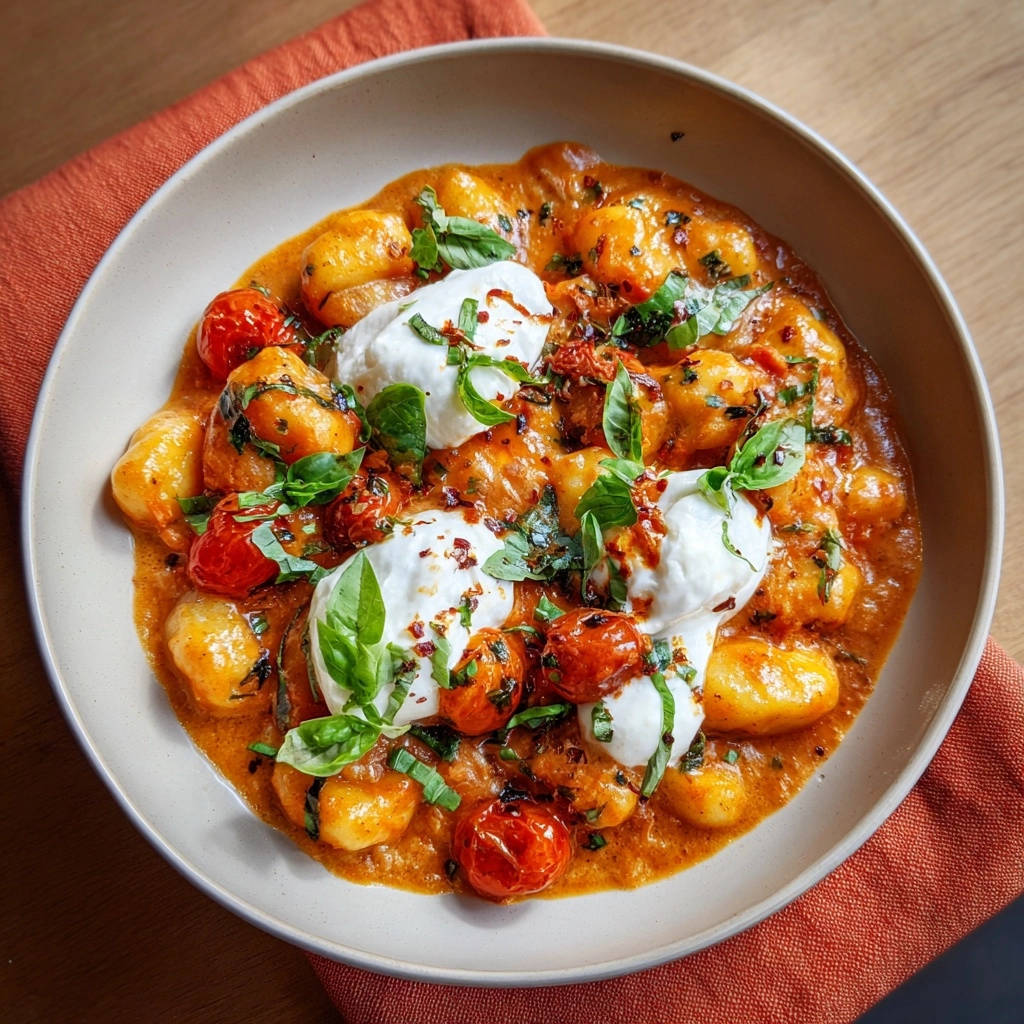 Cremige Gnocchi Mit Kirschtomaten Burrata Draufsicht 1 Cremige Gnocchi mit Kirschtomaten & Burrata in einer Schüssel, serviert von oben, mit frischem Basilikum garniert.