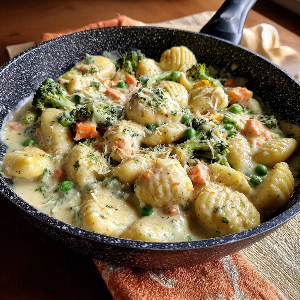 Cremige Gnocchi Pfanne Mit Gemuese Draufsicht 1 Cremige Gnocchi-Pfanne mit Gemüse in einer Pfanne, serviert und mit frischem Parmesan bestreut, von oben fotografiert.