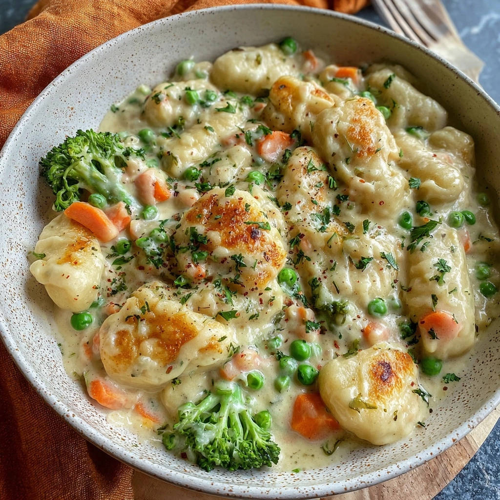 Cremige Gnocchi-Pfanne mit Gemüse zeigt eine goldbraun gebratene Draufsicht, garniert mit frischen Kräutern und buntem Gemüse in cremiger Sauce.