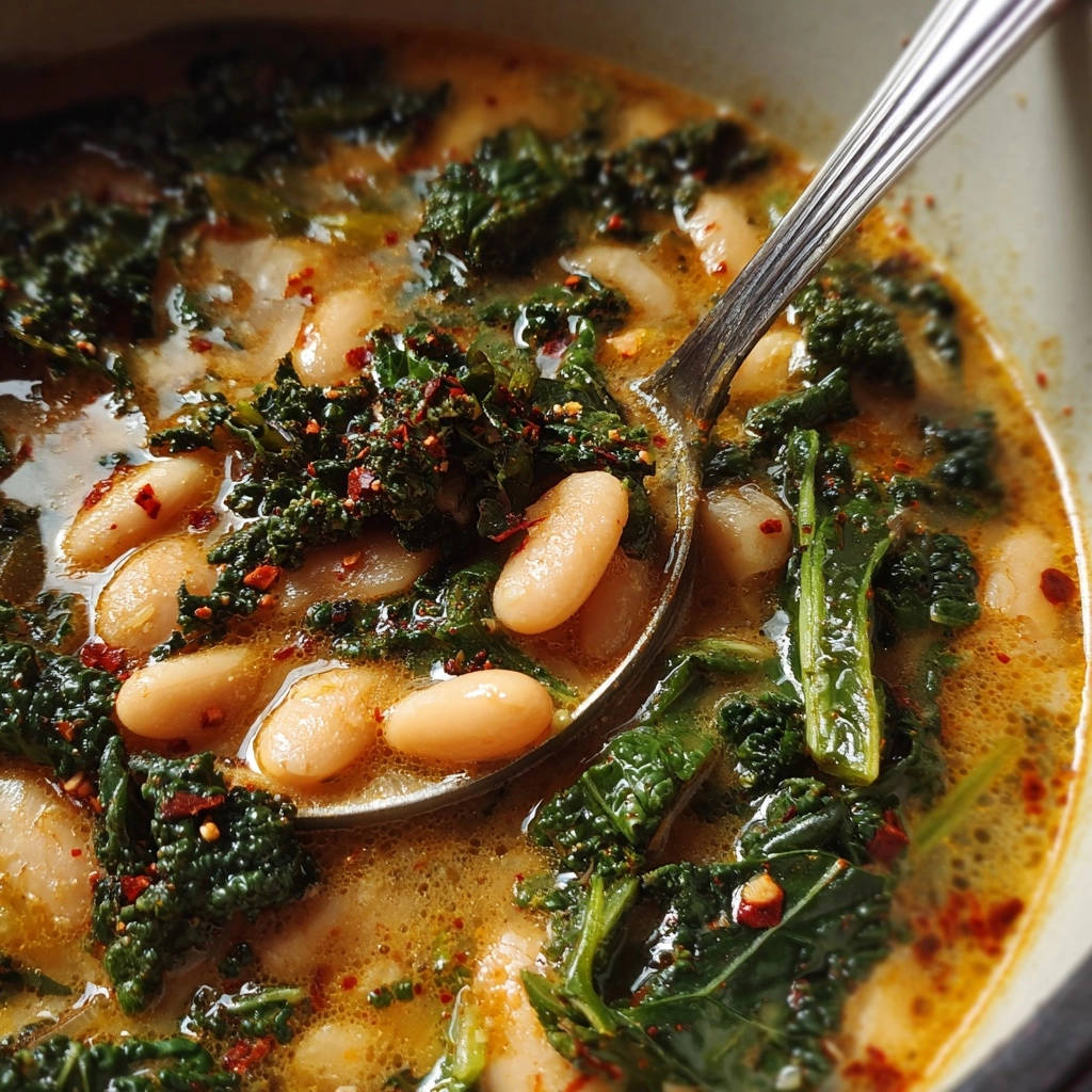 Cremige Grünkohl-Bohnen-Suppe in Nahaufnahme, serviert mit einem Löffel, der die cremige Textur der Suppe zeigt.