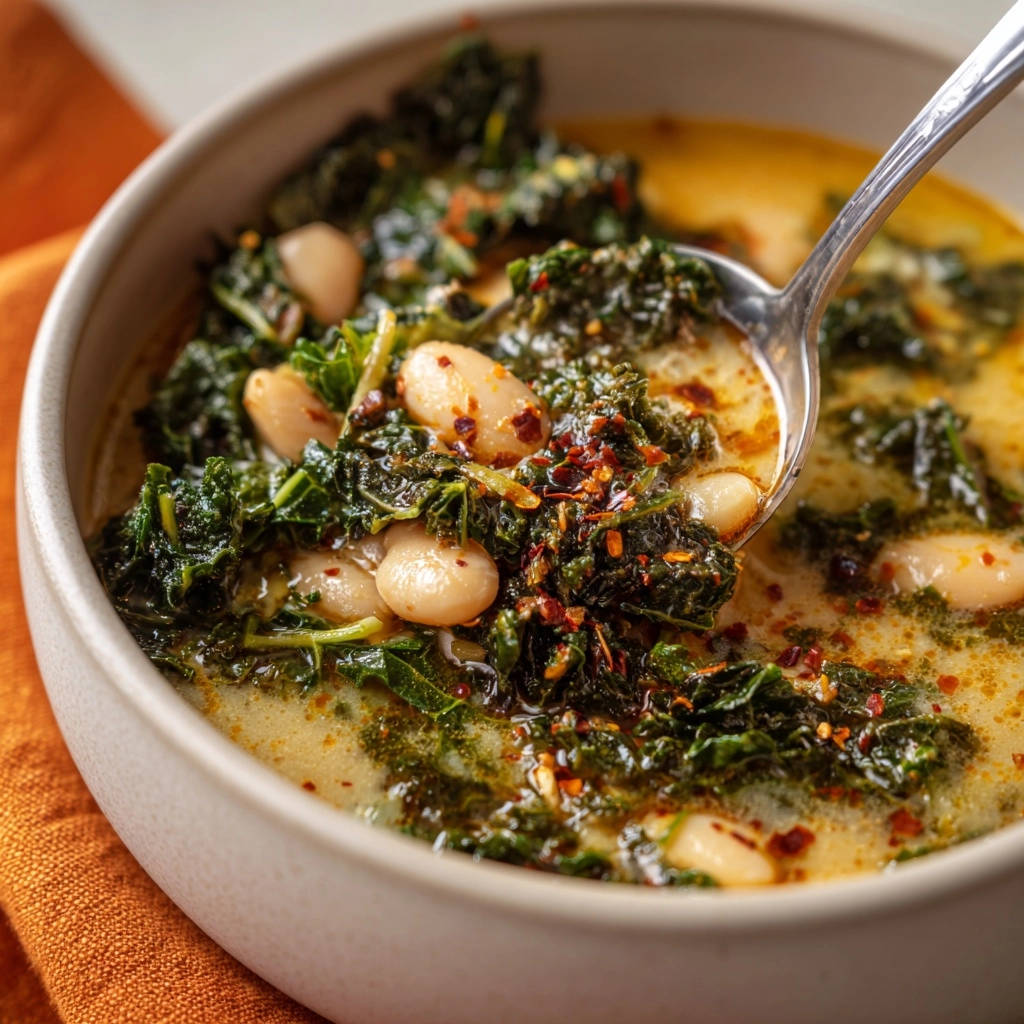 Cremige Grünkohl-Bohnen-Suppe in Nahaufnahme, serviert in einer Schüssel mit einem Löffel, der die Zutaten zeigt.